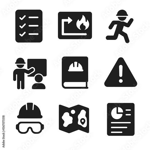 Safety Procedure Icons. Solid, filled icon set of safety procedures: checklist, emergency plan, safety drill, training, safety