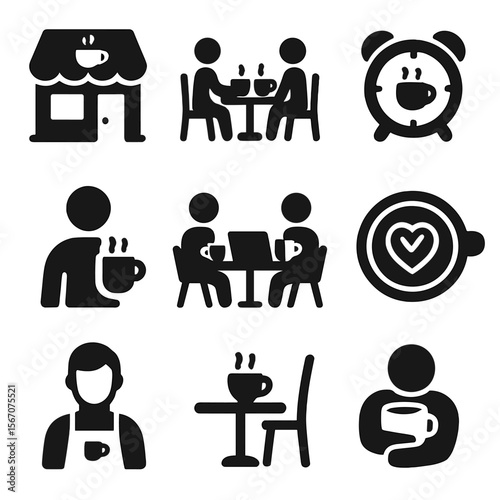 Coffee Culture Icons. Solid, filled icons set of coffee culture: coffee shop, coffee date, morning routine,