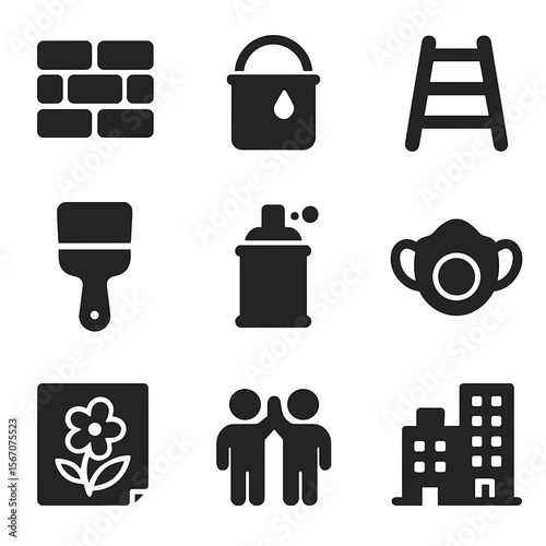 Mural Project Icons. Solid, filled icons set of mural painting teamwork: wall icon, paint bucket, ladder,