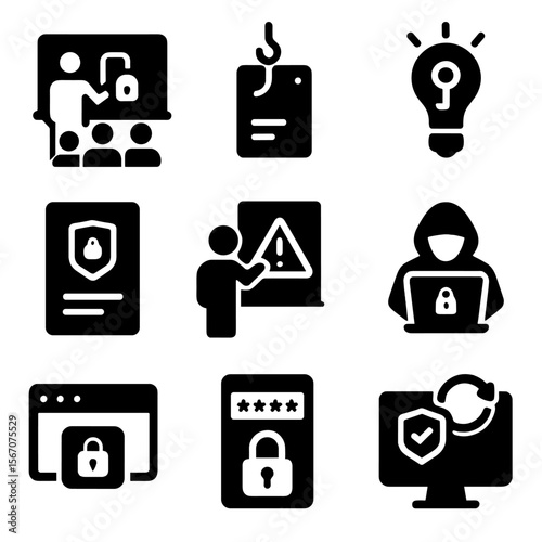 Cybersecurity Awareness Icons. Solid, filled icon set of cybersecurity education and awareness: training session, phishing test,