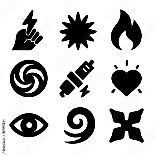 Creative Energy Icons. Solid, filled icon set of creative energy: lightning hand, burst circle, dancing flame, spinning wheel,