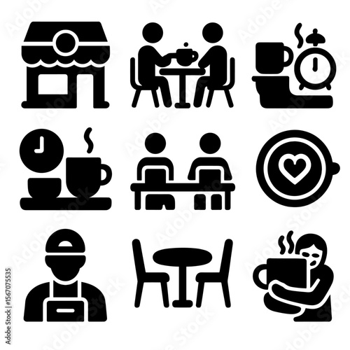 Coffee Culture Icons. Solid, filled icons set of coffee culture: coffee shop, coffee date, morning routine,