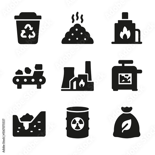 Efficient Waste Disposal. Solid, filled icon set of efficient waste disposal methods: recycling bin, compost heap, incinerator,