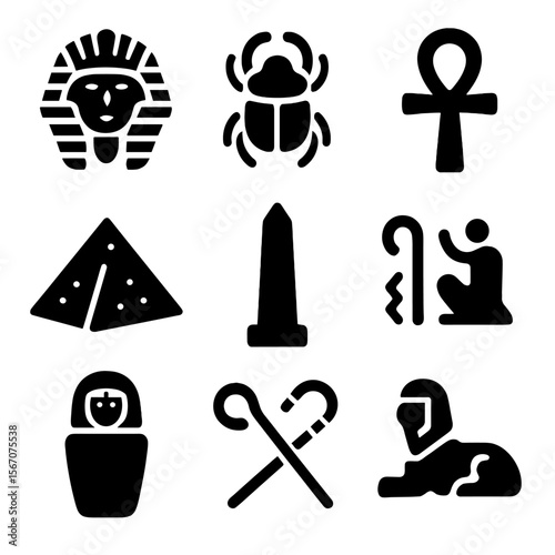 Egyptian Icon Grid. Solid, filled icon set of ancient Egyptian archaeology: pharaoh mask, scarab beetle, ankh, pyramid, obelisk,