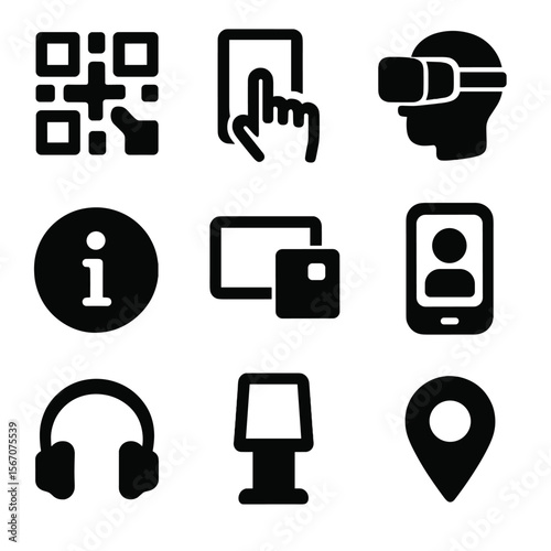 Museum Tech Icons. Solid, filled icons set of museum technology integration: QR code, touch screen, virtual