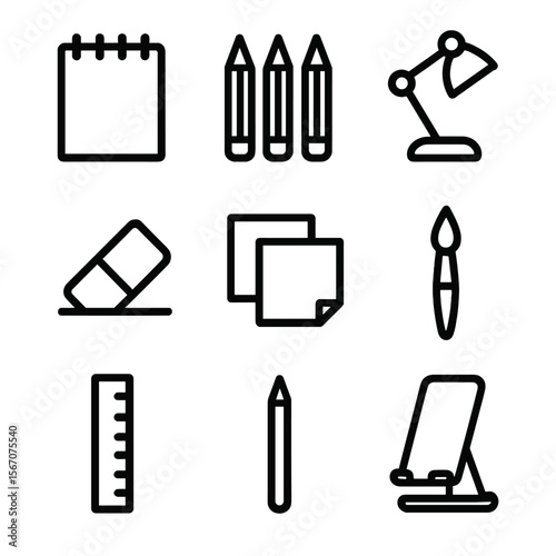 Creative Desk Tools. Solid, filled icon set of creative writing desk tools: sketchpad, colored pencils, eraser, ruler, sticky
