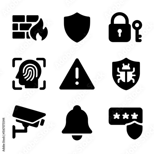 Cyber Defense Icons. Solid, filled icon set of cyber attack defenses: firewall wall, security shield, lock and key, biometric scan
