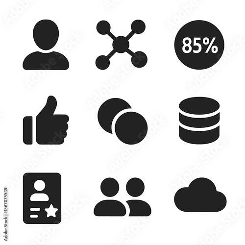 Collaborative Filtering Icons. Solid, filled icons set of collaborative filtering systems: user avatar,