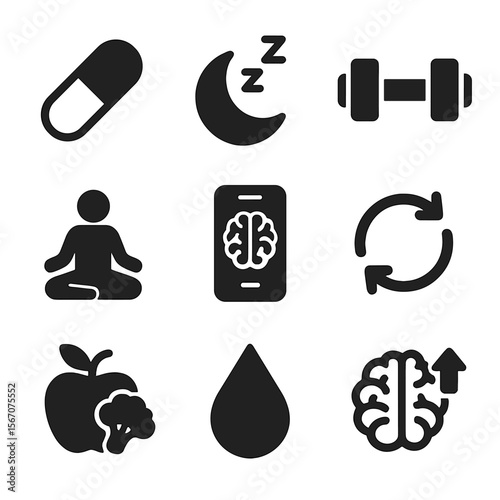 Cognitive Enhancement Icons. Solid, filled icons set of cognitive enhancement and memory aids: nootropic
