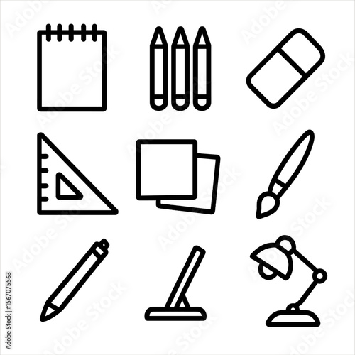 Creative Desk Tools. Solid, filled icon set of creative writing desk tools: sketchpad, colored pencils, eraser, ruler, sticky