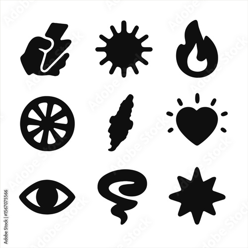 Creative Energy Icons. Solid, filled icon set of creative energy: lightning hand, burst circle, dancing flame, spinning wheel,