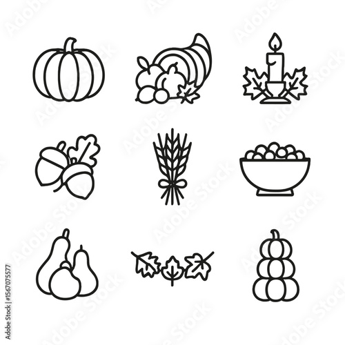 Thanksgiving Table Icons. Outline icon set of Thanksgiving table centerpiece decorations: pumpkin centerpiece, cornucopia with
