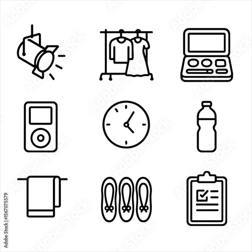 Theatre Rehearsal Icons. Outline icon set of performance rehearsal environment: stage spotlight, costume rack, makeup kit, music