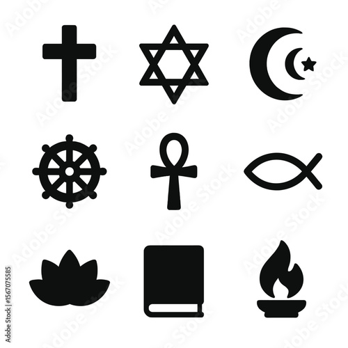 Sacred Symbols Icons. Solid, filled icon set of sacred symbols in clergy context: cross, star of David, crescent moon, dharma