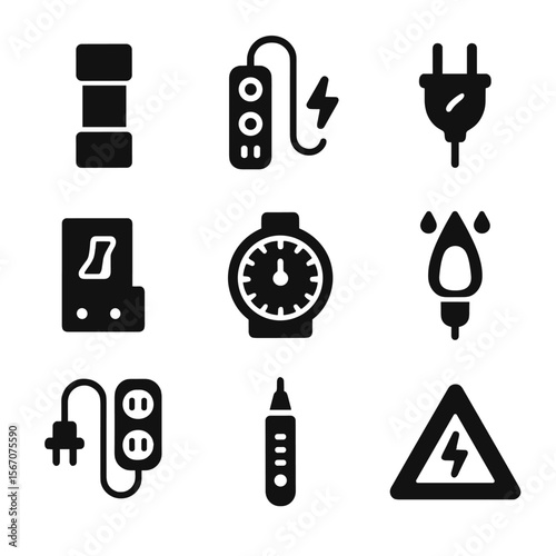 Electrical Safety Icons. Solid, filled icon set of electrical safety for holiday lights: fuse, surge protector, insulated plug,