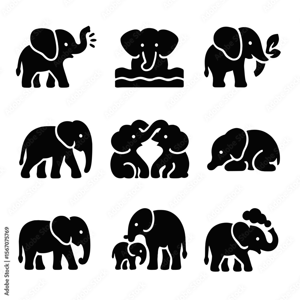 Obraz premium Elephant Behavior Icons. Solid, filled icon set of elephant behaviors: trumpeting, bathing, feeding, walking, playing, resting,