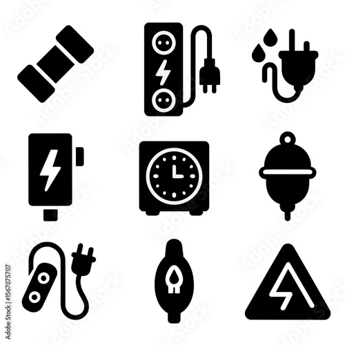 Electrical Safety Icons. Solid, filled icon set of electrical safety for holiday lights: fuse, surge protector, insulated plug,