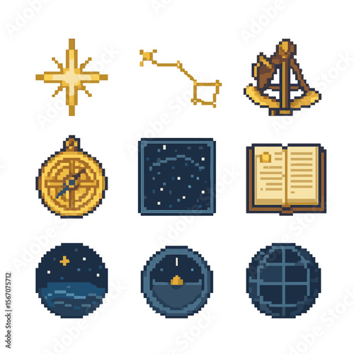 Celestial Navigation Icons. Pixel art icon set of celestial navigation: North Star, constellation Ursa Major, sextant, astrolabe,