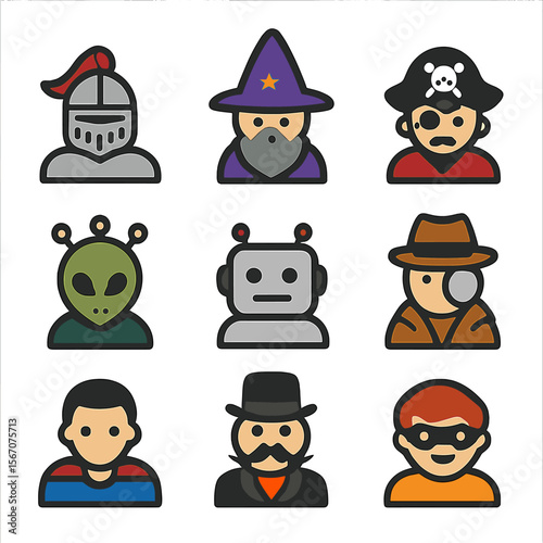 Character Archetype Icons. Flat icon set of character archetypes: knight, wizard, pirate, alien, robot, detective, superhero,