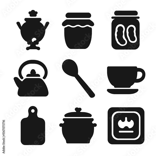 Dacha Kitchen Icons. Solid, filled icon set of dacha kitchen items: samovar, jar of jam, pickled vegetables, kettle, wooden spoon,