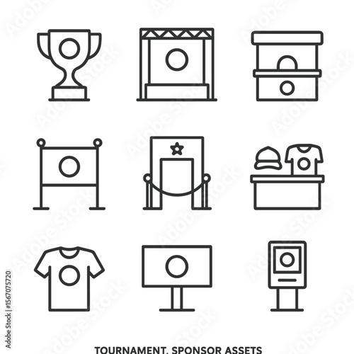Tournament Sponsorship Icons. Outline icon set of tournament sponsorship assets: trophy with sponsor logo, branded stage backdrop,