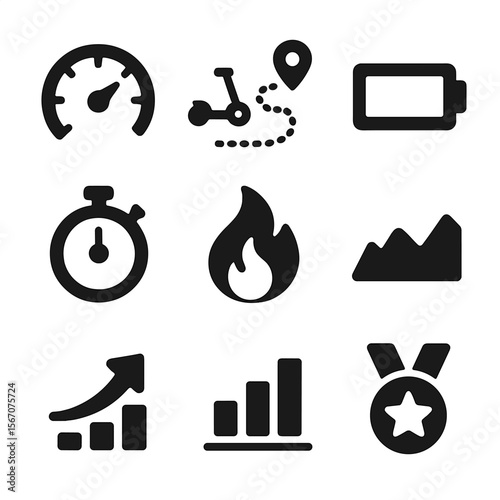 Scooter Ride Icon Set. Solid, filled icon set of scooter ride statistics: speed gauge, distance traveled, battery usage, ride