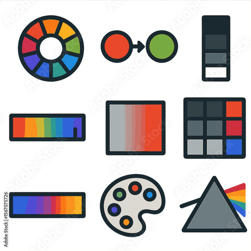 Color Theory Icons. Solid, filled icons set of color theory tools: color wheel, complementary pair, value
