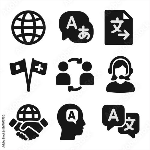 Cross-Cultural Communication Icons. Solid, filled icon set of cross-cultural communication: globe icon, multilingual bubble,