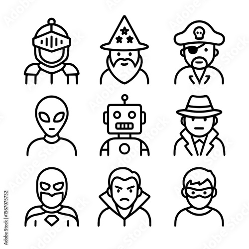 Character Archetypes Icons. Outline icon set of character archetypes: knight, wizard, pirate, alien, robot, detective, superhero,