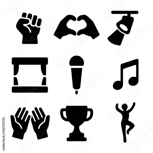 Dance Empowerment Icons. Solid, filled icon set of dance empowerment symbols: raised fists, heart shape hands, spotlight, stage,