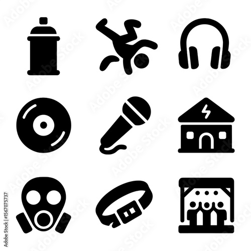 Electronic Music Icons. Solid, filled icon set of electronic music culture: graffiti, breakdance, vinyl record, headphones,