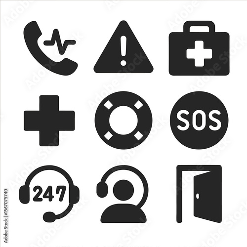 Crisis Support Icons. Solid, filled icon set of crisis intervention and help: phone with lifeline, alert triangle, emergency kit,