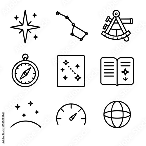 Celestial Navigation Icons. Outline icon set of celestial navigation: North Star, constellation Ursa Major, sextant, astrolabe,