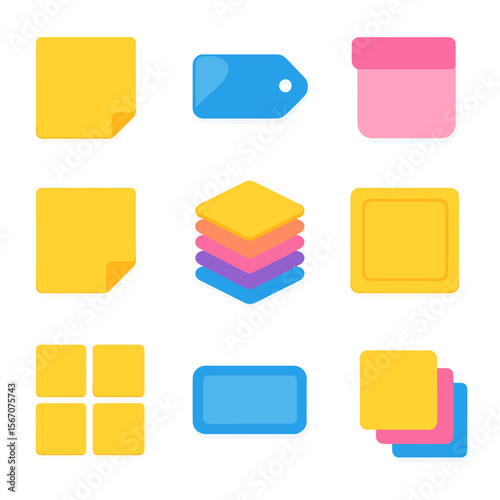Colorful Note Icons Grid. Solid, filled icons set of colorful note organization: yellow sticky, blue label,