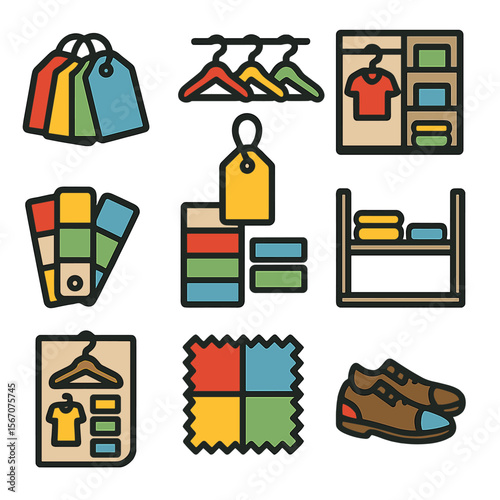 Color-Coded Closet Icons. Solid, filled icons set of color-coded closet systems: color tags, hangers by color,