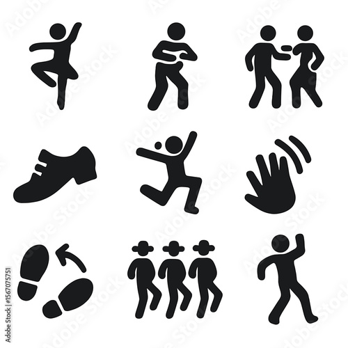 Dance Style Icons. Solid, filled icon set of dance styles and motion: ballet pose, hip-hop stance, salsa step, tap shoe, freestyle