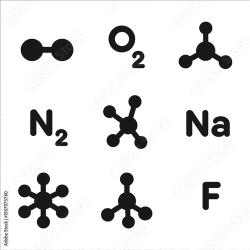 Elements Icon Grid. Solid, filled icon set of periodic table elements related to molecules: hydrogen, oxygen, carbon, nitrogen,