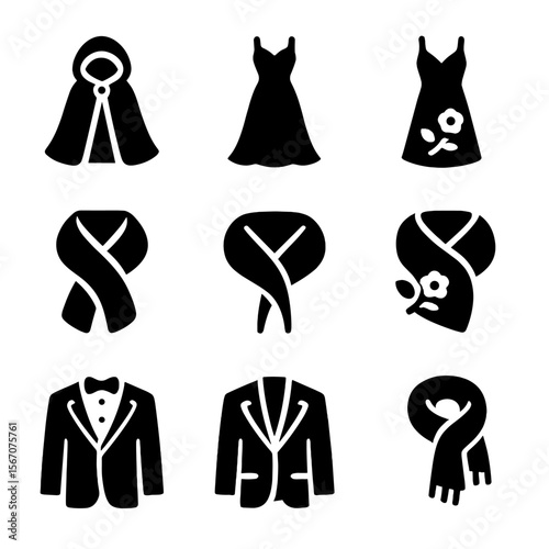 Seasonal Wedding Outfits. Solid, filled icon set of seasonal wedding outfits: winter cloak,spring gown, summer dress, autumn shawl