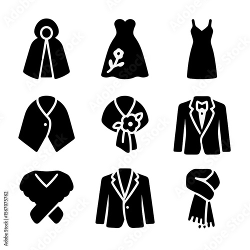 Seasonal Wedding Outfits. Solid, filled icon set of seasonal wedding outfits: winter cloak,spring gown, summer dress, autumn shawl