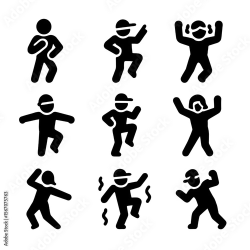 Dance Expression Icons. Solid, filled icon set of freestyle dance expressions and emotions: passion, confidence, joy, focus,