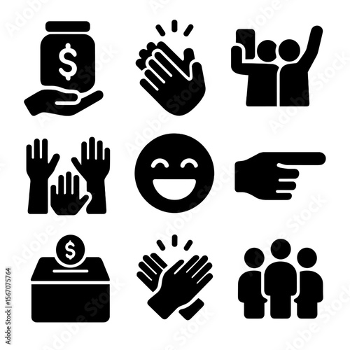 Crowd Interaction Icons. Solid, filled icon set of crowd interaction: tip jar, hand clapping, selfie with performer, cheering