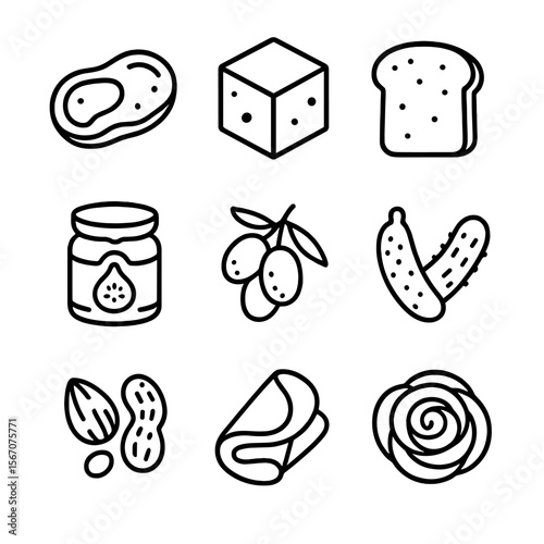 Charcuterie Board Essentials. Outline icon set of charcuterie board essentials: cured meat slice, cheese cube, bread slice, fig