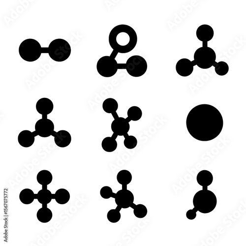 Elements Icon Grid. Solid, filled icon set of periodic table elements related to molecules: hydrogen, oxygen, carbon, nitrogen,