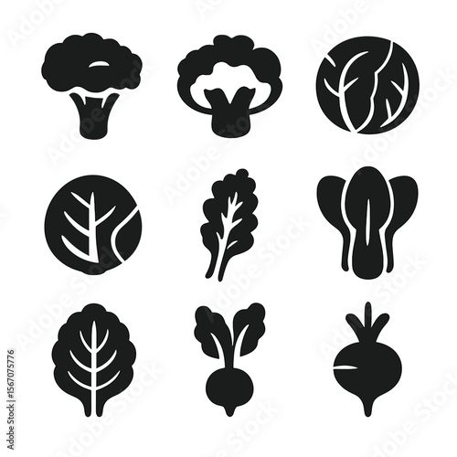 Cruciferous Vegetable Icons. Solid, filled icon set of cruciferous vegetables: broccoli, cauliflower, cabbage, Brussels sprouts,