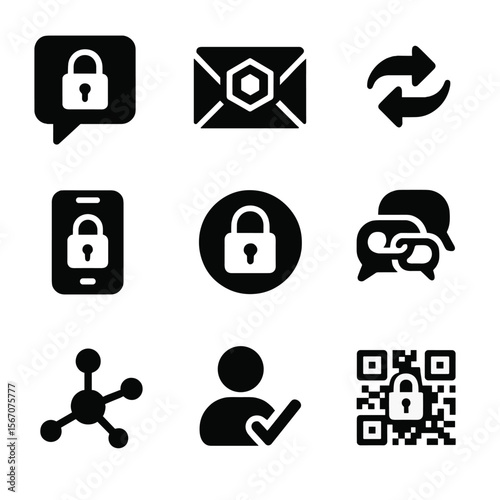 Crypto Communication Icons. Solid, filled icon set of crypto communication systems: encrypted chat, decentralized email, token