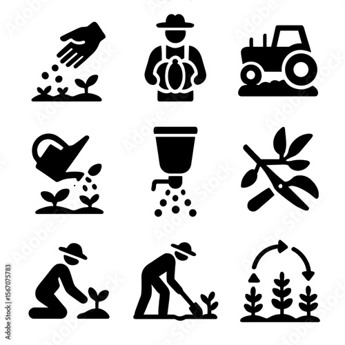 Seasonal Farming Icons. Solid, filled icon set of seasonal farming activities: sowing seeds, harvesting, plowing, watering,