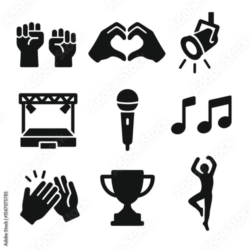 Dance Empowerment Icons. Solid, filled icon set of dance empowerment symbols: raised fists, heart shape hands, spotlight, stage,