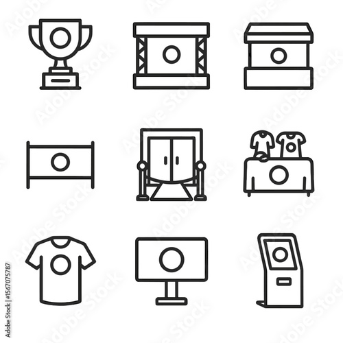 Tournament Icon Set. Outline icon set of tournament sponsorship assets: trophy with sponsor logo, branded stage backdrop, sponsor