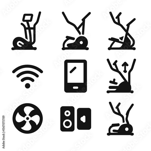 Elliptical Machine Icons. Solid, filled icon set of elliptical machine brands and models: digital display, compact design,
