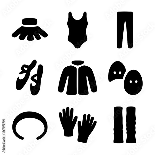 Dance Gear Icons. Solid, filled icon set of professional dance gear: tutu, leotard, tights, dance shoes, warm-up jacket, toe pads,
